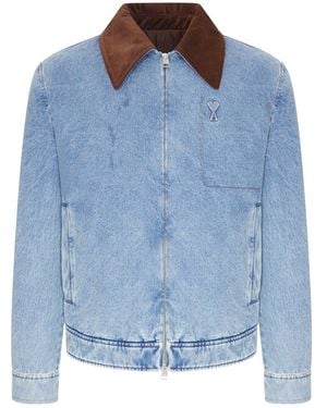 Ami Paris Ami De Coeur Denim Jacket With Contrast Collar - Blue