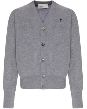 Ami Paris Cardigan in maglia con scollo a v e logo ricamato - Grigio