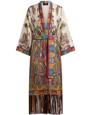 Etro Silk Duster Coat With Fringes And Paisley Foliage Print - White