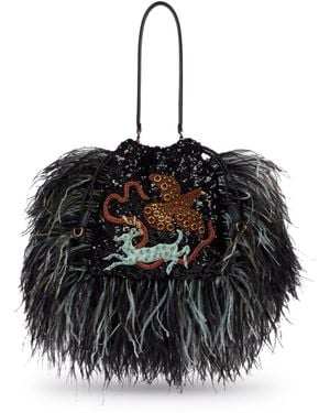 Etro Borsa kalispera piccola in paillettes con piume di struzzo e ricamo - Nero
