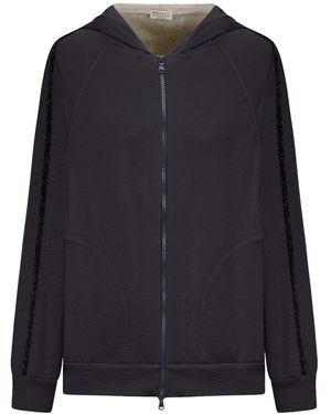 Brunello Cucinelli Cotton And Silk Interlock Topwear With Hood And Precious Stripe - Black