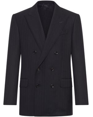 Tom Ford Double-Breasted Pinstriped Wool Jacket - Blue