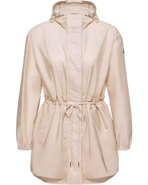 Moncler Midi Weteau Jacket With Hood And Ruffles - Natural