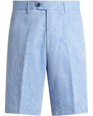 Etro Jacquard Cotton Shorts With Floral Paisley Stripes - Blue