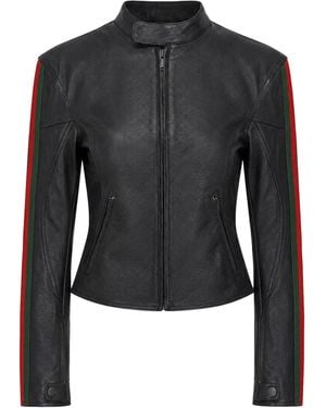 Gucci Leather Biker Jacket With Web Stripe - Black