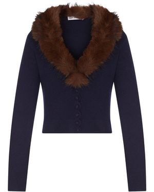 Self-Portrait Cardigan corto in maglia con collo in ecopelliccia - Blu