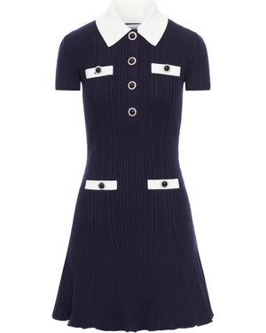 Self-Portrait Mini Knitted Dress With Contrasting Collar - Blue