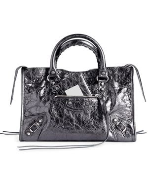 Balenciaga Borsa le city piccola in pelle di agnello arena metallizzata con finiture argento lucido - Nero