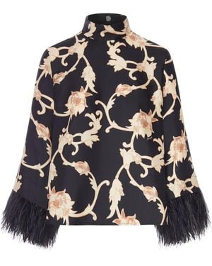 La DoubleJ Printed Blouse With High Collar And Feather Cuffs - Multicolor