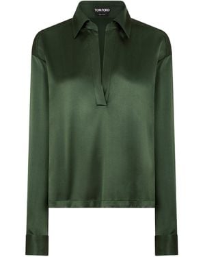 Tom Ford Silk Satin Blouse With Tf Logo Embroidered - Green