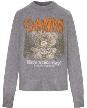 Ganni Crewneck Knit Sweater With Front Graphic Intarsia - Gray