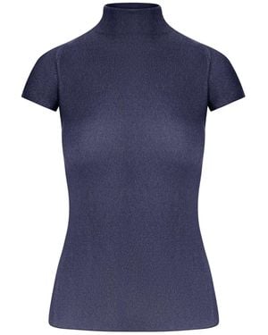 Giorgio Armani English Ribbed Viscose Turtleneck Top With Short Sleeves - Blue
