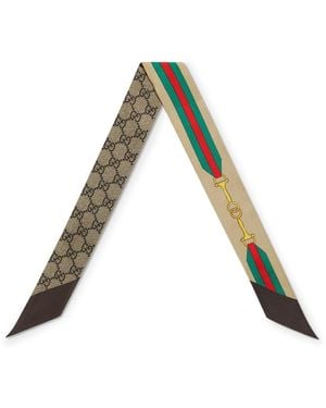 Gucci Silk Bow With Horsebit Print With gg And Web Crossing - Brown