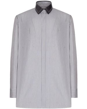 Tom Ford Camicia a righe con colletto a contrasto in pelle - Grigio