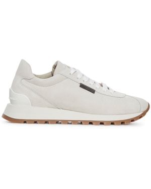 Brunello Cucinelli Suede Sneakers With Shiny Tab in White | Lyst