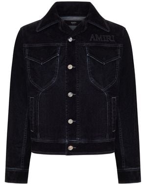 Amiri Flocked Denim Jacket With Embroidered Logo And Metal Buttons - Blue