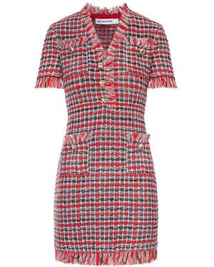 Self-Portrait Short Tweed Dress With Jewel Buttons And Fringed Edges - Red