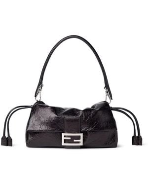 Fendi Crackled Baguette Soft Medium Leather Bag - White