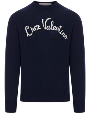 Valentino Garavani Crewneck Wool Jumper With Chez Embroidery - Blue