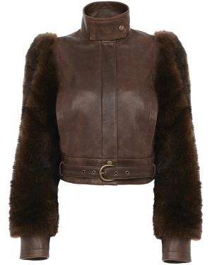 Chloé Short High-Neck Leather Jacket - Brown