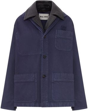 Miu Miu Single-Breasted Gabardine And Leather Jacket - Blue