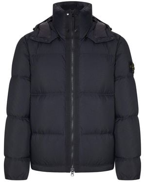 Stone Island Tear-proof Down Jacket With Detachable Hood - Blue