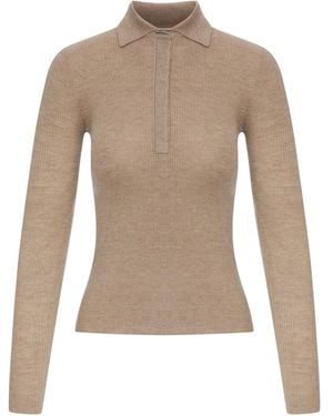 Max Mara Ribbed Knit Polo Shirt - Natural