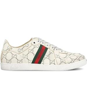 Gucci Leather Trainers With Allover Gg And Web Band - White