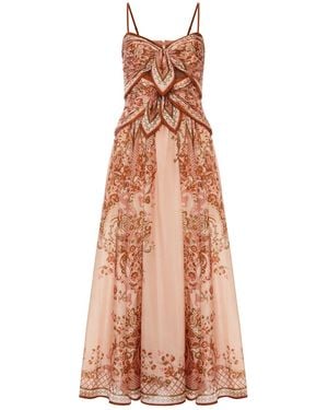 Zimmermann Aster Silk Midi Dress With Cut-out Insert And Bows - Pink