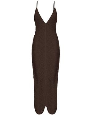 Bless Long Solé Dress With Fringes And V-neck - Brown