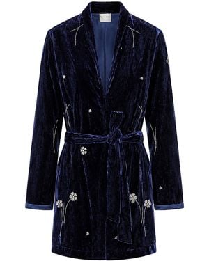 forte_forte Embroidered Velvet Kimono With Belt - Blue