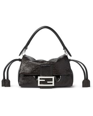 Fendi Borsa in pelle nera crackled baguette® soft small - Nero