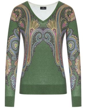 Etro Silk And Cashmere V-Neck Sweater With Placed Paisley Print - Green