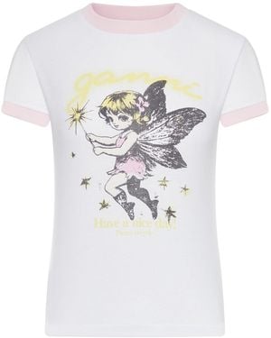 Ganni Cotton T-Shirt With Fairy Graphic Print - White
