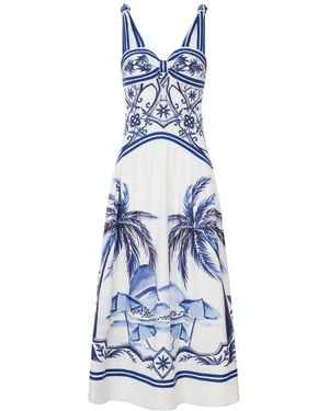FARM Rio Long Linen Dress With Tropical Print - Blue