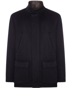Lardini Short Cashmere Coat With Leather Collar - Blue