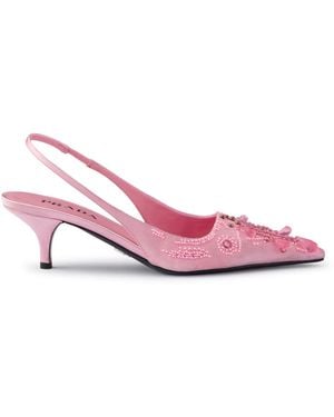Prada Satin Slingback Pumps With Embroidery - Pink