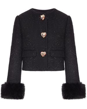 Self-Portrait Short Tweed Jacket With Jewel Buttons And Faux Fur Cuffs - Black