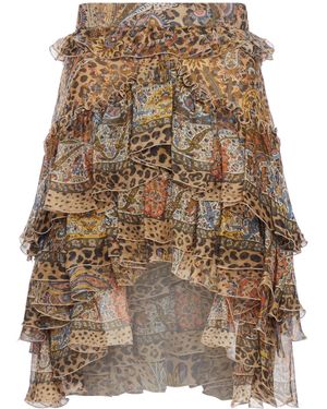 Etro Paisley And Animal Print Silk Ruffled Mini Skirt - Brown