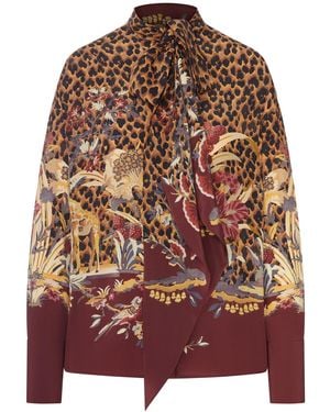 Etro Animal And Floral Printed Shirt With Neck Bow - Brown