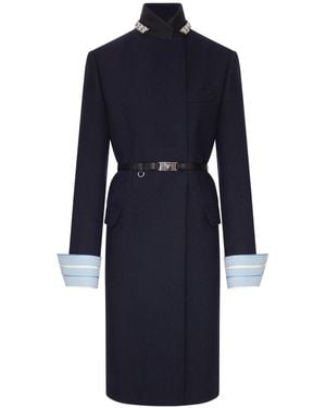 Prada Long Wool Coat With Belt And Jewel Collar - Blue