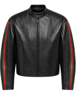Gucci Leather Biker Jacket With Web Detail - Black