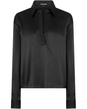 Tom Ford Silk Satin Blouse With Tf Logo Embroidered In Tone-on-tone - Black