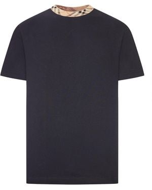 Burberry Cotton T-Shirt With Checked Trim - Blue