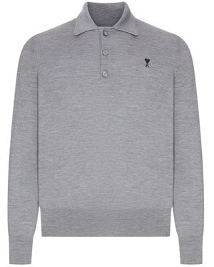 Ami Paris Ami De Coeur Wool Polo Shirt - Gray