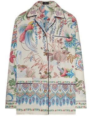 Etro Twill Shirt With Placed Flora And Fauna Print - Grey