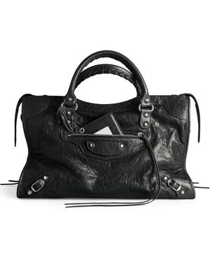 Balenciaga Borsa le city media in pelle di agnello arena con dettagli in metallo argentato lucido - Nero