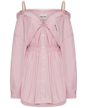 Miu Miu Striped Cotton Poplin Dress With Logo - Pink