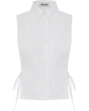 Miu Miu Sleeveless Poplin Shirt With Ribbons - White