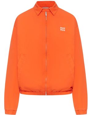 Miu Miu Cotton Poplin Bomber Jacket With Logo - Orange